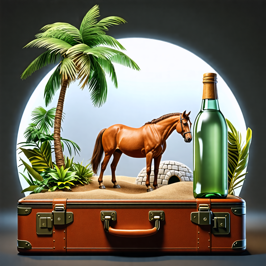 suitcase, palm tree, bottle, igloo, horse